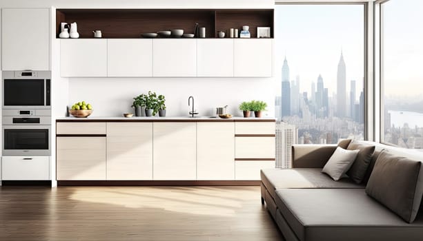 Cozy comfortable apartment with sofa, minimal decoration and wooden floor. Generative AI