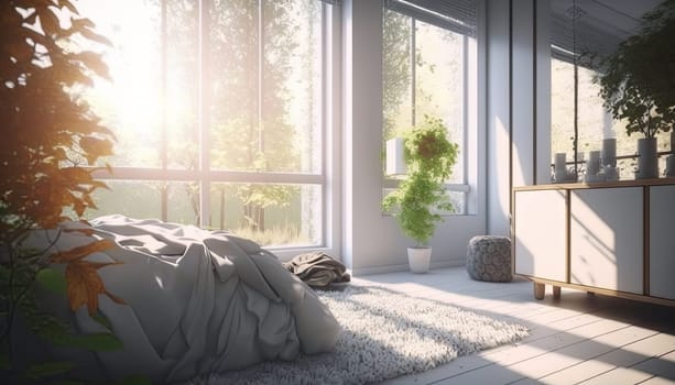 Minimal white bedroom with large window and forest view. Generative AI