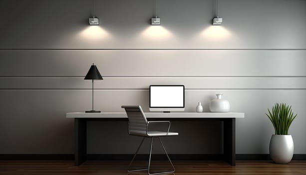 Modern grey office room with office desk and mock up desktop computer. Generative AI