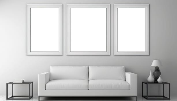White modern living room with mock up frame,sofa and decoration. Generative AI