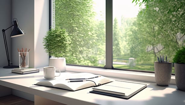 Study white table with book and stationeries on the table, garden view outside the window. Generative AI