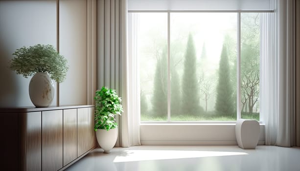 Empty white minimal living room with large window and garden view in the background. Generative AI