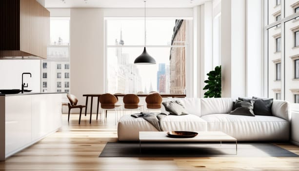 Modern white apartment room with stylish furniture and large window. Generative AI