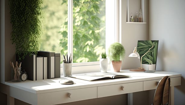 Study white table with book and stationeries on the table, garden view outside the window. Generative AI
