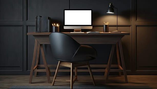 Dark modern workspace with mock up desktop computer on wooden table with lamp and stylish decoration. Generative AI