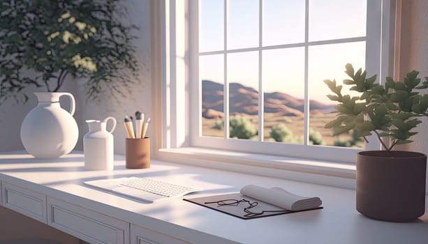 Study white table with book and stationeries on the table, garden view outside the window. Generative AI
