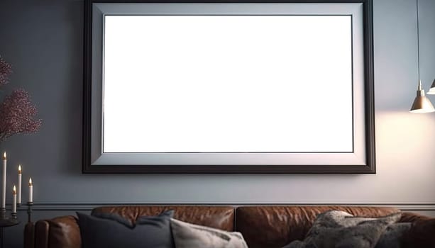 Vintage style living room with mock up frame on the wall above the sofa. Generative AI