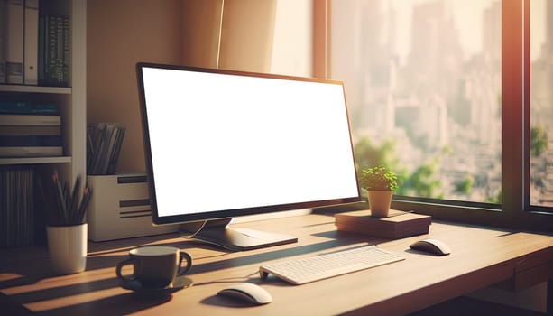Close up view of mock up desktop computer with stationery on wooden table with sunset lighting. Generative AI