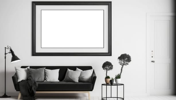 Modern furnished living room with mock up frame on the wall. Generative AI