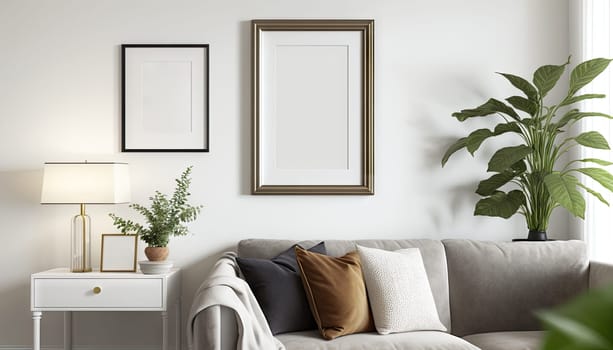 Scandinavian interior living room with mock up frame on the wall. Generative AI