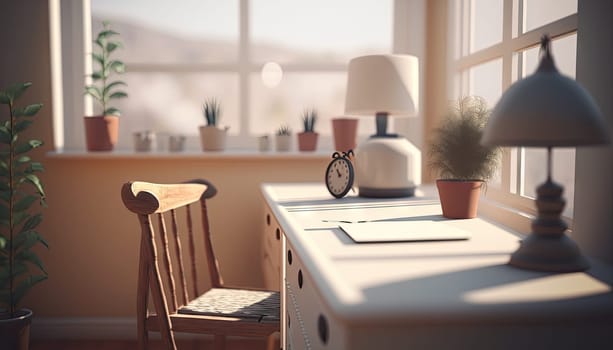 Cozy comfortable study table with books and office supplies. Generative AI