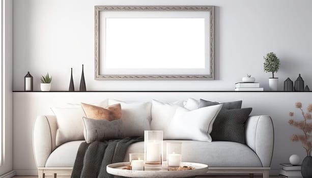 Scandinavian interior living room with mock up frame on the wall. Generative AI