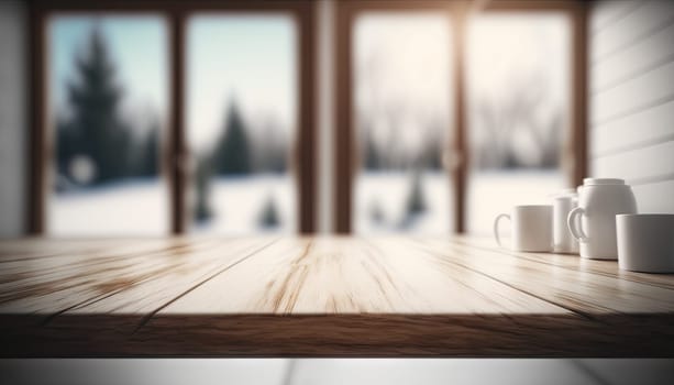 Wooden top table with copy space for object display with blurred minimal room in the background. Generative AI