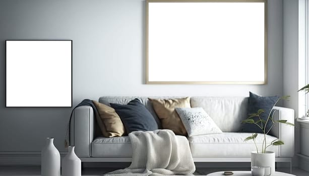 Scandinavian interior living room with mock up frame on the wall. Generative AI
