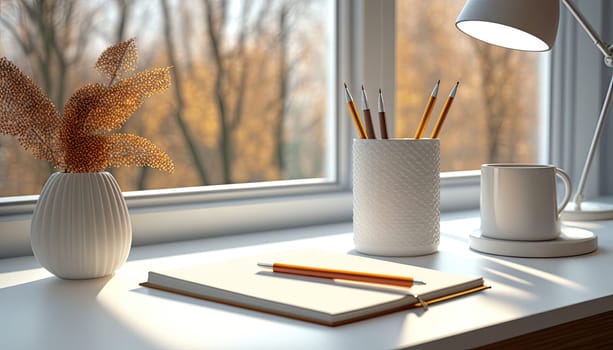 Cozy comfortable study table with books and office supplies. Generative AI