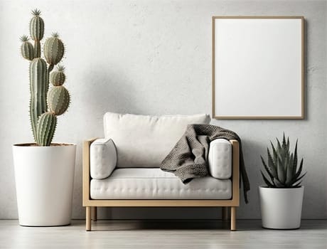 Cropped shot of cozy living room with mock up frame on white wall and plant pot. Generative AI