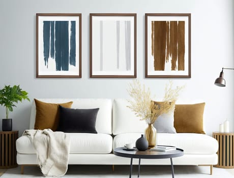 Stylish living room with mock up frame above the sofa and decoration. Generative AI