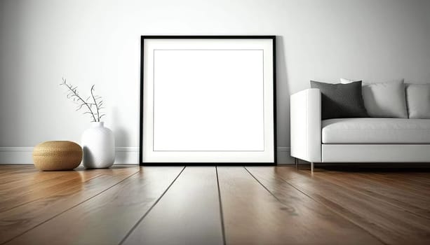 Close up view of mock up frame on the wooden floor against white wall. Generative AI