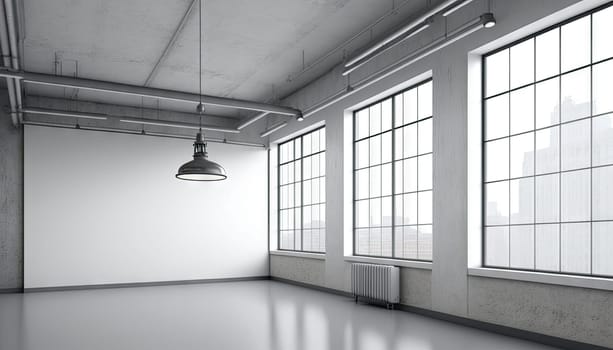 Bright empty white office interior with large window. Generative AI