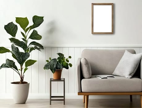 Cropped shot of cozy living room with mock up frame on white wall and plant pot. Generative AI
