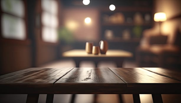 Empty wooden top table in dark retro living room, table with copy space. Generative AI