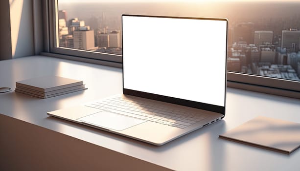 Mock up laptop computer in modern apartment room with city view in the background. Generative AI