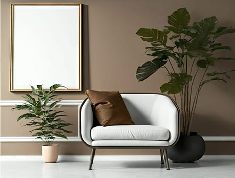 Cropped shot of modern living room with mock up frame on white wall and plant pot. Generative AI