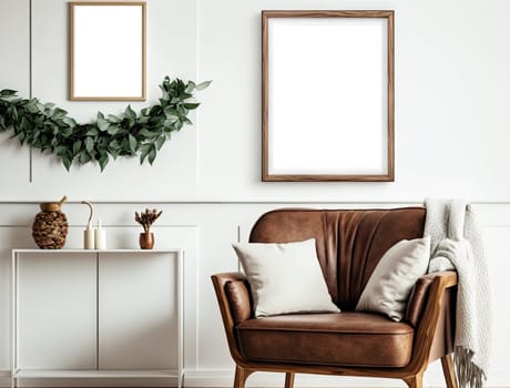 Nordic interior with single sofa and mock up frame on the wall. Generative AI