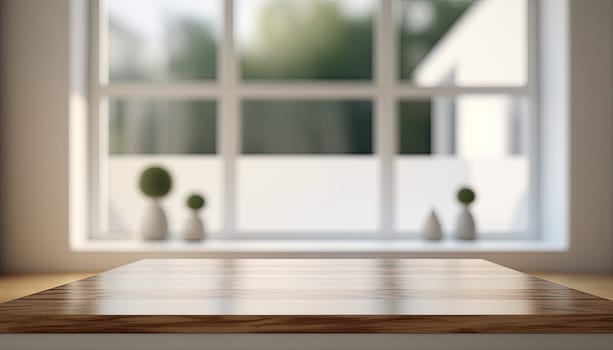 Wooden top table with copy space for object display with blurred minimal room in the background. Generative AI