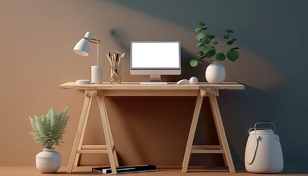 Modern study room with white table and mockup desktop computer. Generative AI