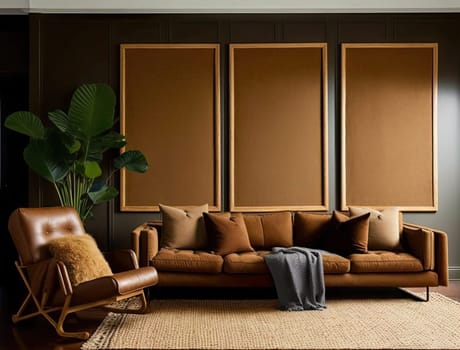 Classic living room with leather sofa and mock up frame. Generative AI