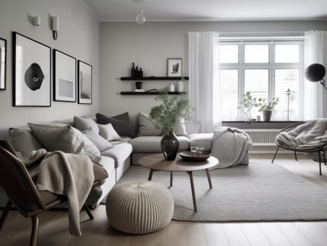 Beautiful furnished scandinavian living room interior with morning light. Generative AI.