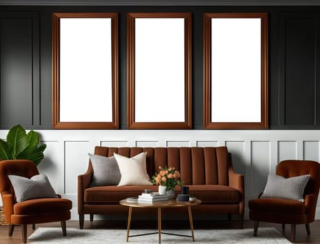 Classic living room with brown sofa and mock up frame. Generative AI