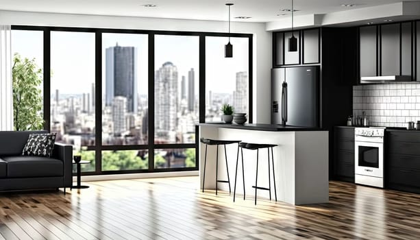 Trendy furnished apartment with high ceiling and wooden floor. Generative AI