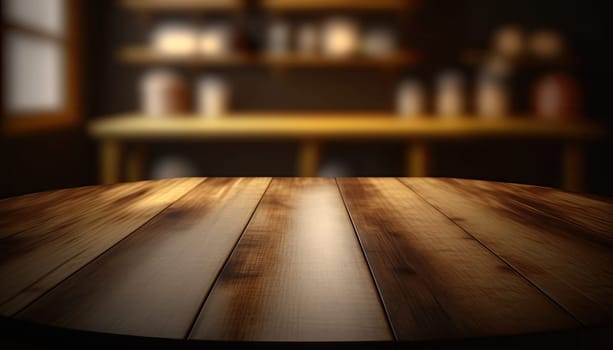 Empty wooden top table in dark retro living room, table with copy space. Generative AI