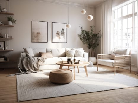 Comfy scandinavian interior living room design with furniture and decorations. Generative AI.