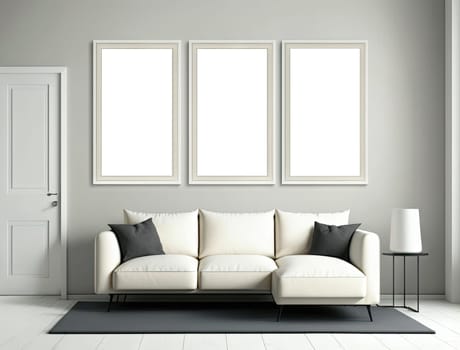 Modern style white living room with three mock up frames on the wall. Generative AI