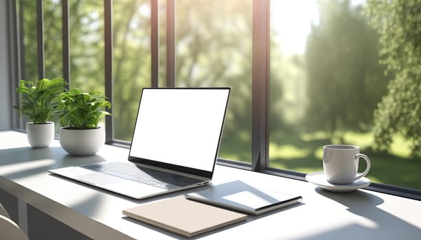 Mock up blank screen laptop computer on white table in study room with forest window view. Generative AI