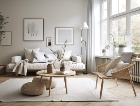 Beautiful furnished scandinavian living room interior with morning light. Generative AI.