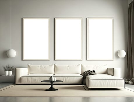 Modern style white living room with three mock up frames on the wall. Generative AI