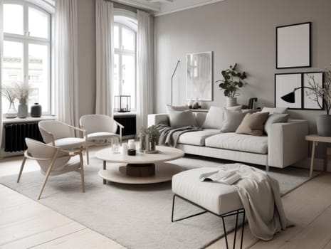 Stylish scandinavian living room with beautiful furniture and decor. Generative AI.