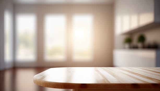 Wooden top table with copy space for object display with blurred minimal room in the background. Generative AI