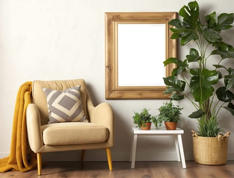 Cropped shot of cozy living room with mock up frame on white wall and plant pot. Generative AI