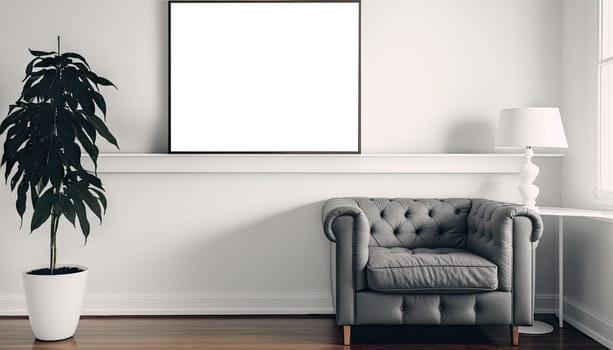 Modern interior living room with grey sofa and stylish decorations. Generative AI
