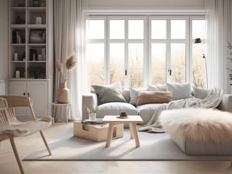 Beautiful furnished scandinavian living room interior with morning light. Generative AI.