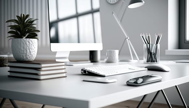 Close up view of white office desk with desktop computer and office supplies. Generative AI