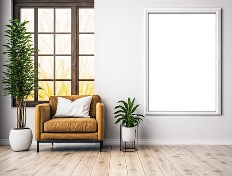Cropped shot of cozy living room with mock up frame on white wall and plant pot. Generative AI