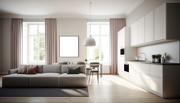 Modern white apartment, living room and kitchen with large window and decoration. Generative AI