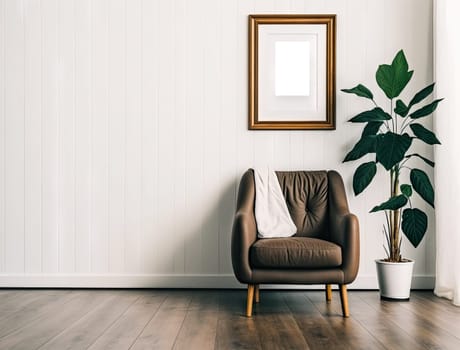 Cropped shot of cozy living room with mock up frame on white wall and plant pot. Generative AI