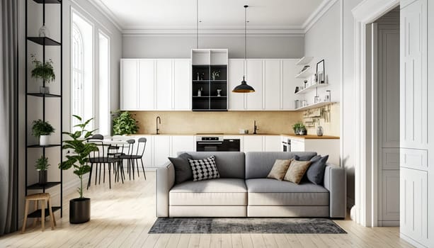 Modern white apartment, living room and kitchen with large window and decoration. Generative AI